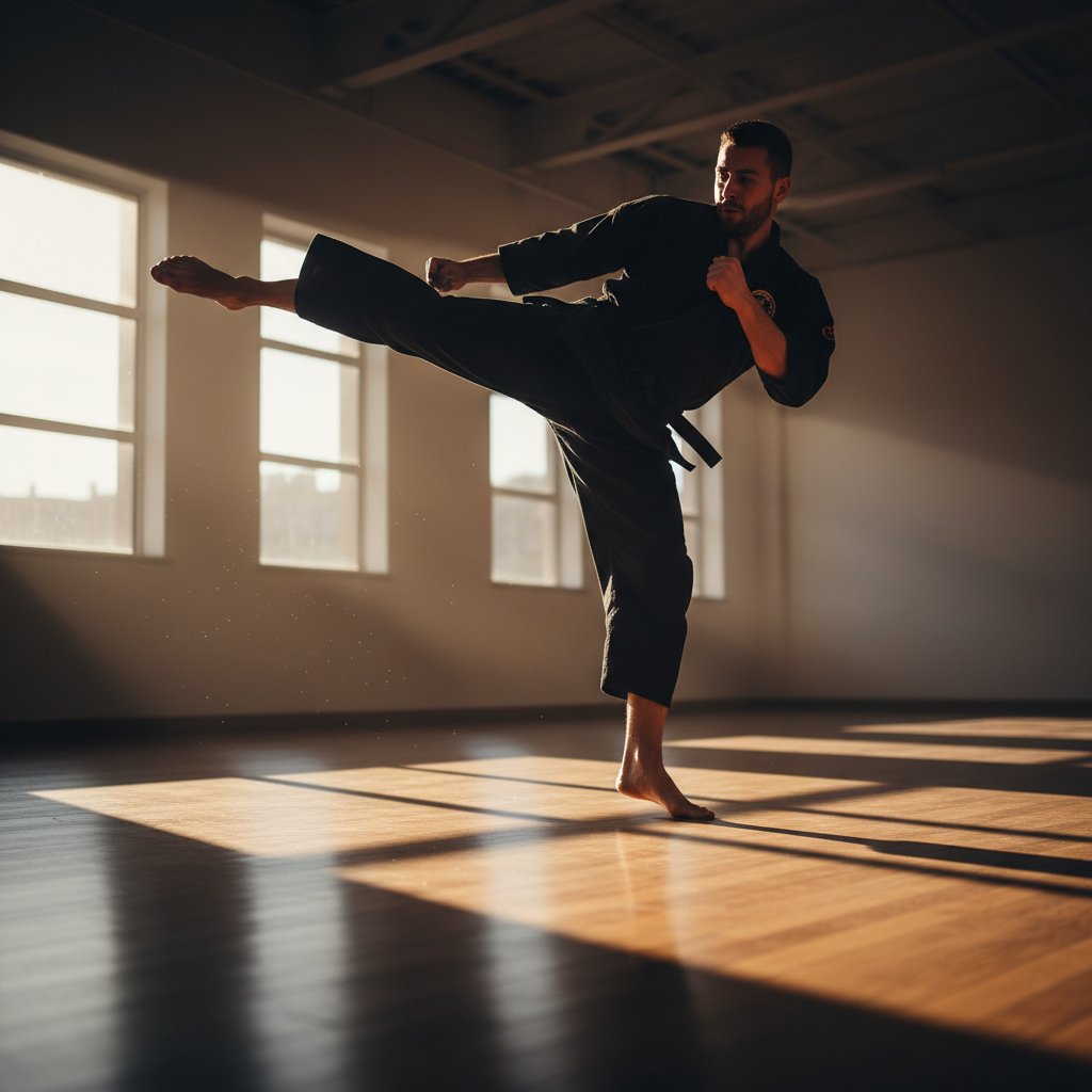 Martial arts instructor demonstrating traditional Eastern combat technique during training session